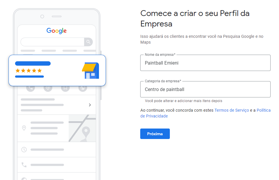 comece a criar o seu perfil da empresa