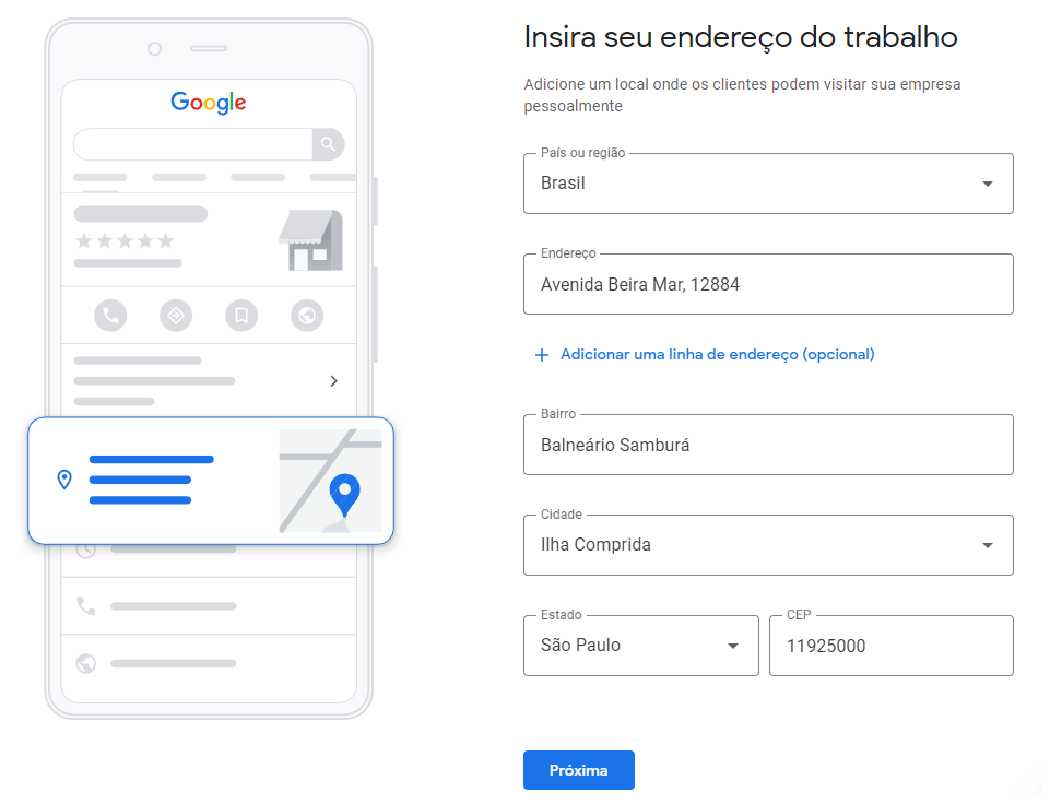 insira o endereço compreto de seu trabalho no google meu negocio